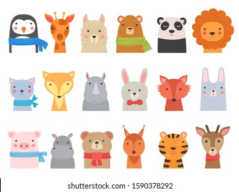 Cute baby animals. Children funny wild alphabet animals hippo fox bear vector hand drawn collection