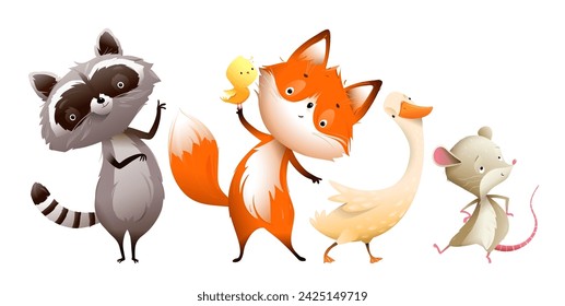 Colección de animales de bebé lindos clipart aislado para niños. Ratón y ganso de zorro mapache, personajes animales coloridos felices para los niños. Divertido vector ilustración de dibujos animados clipart set.