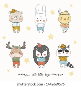 Cute baby animals collection. Little boys cartoon character. Woodland animals. Teddy bear, funny bunny, Indian  sparrow, moose in hat, hedgehog with apple and gentleman raccoon. Hand drawn design  