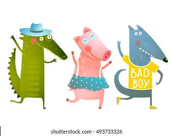Cute Baby Animals Crocodile Pig Wolf Dancing Wearing Clothes. Cartoon for children dancing or playing game animals. Dog, piggy, alligator friends. Vector cartoon illustration.