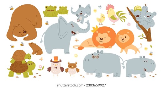 Cute baby animals with dads flat illustrations set. Small childish frog, bear, lion, owl, elephant, hippo and bear kids with big fathers. Zoo characters