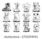 Cute baby animals drinking coffee illustration, black and white animal cartoon set
