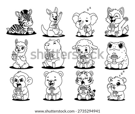 Cute baby animals drinking coffee illustration, black and white animal cartoon set