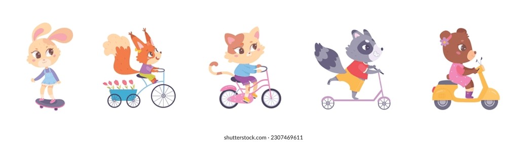 Cute baby animals drive set vector illustration. Cartoon happy animal characters driving, little bunny cat bear raccoon squirrel riding bike and skateboard, kick and motor scooter in fun ride