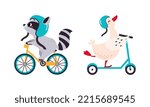 Cute baby animals enjoying ride. Raccoon on bike, gosling on kick scooter cartoon vector illustration