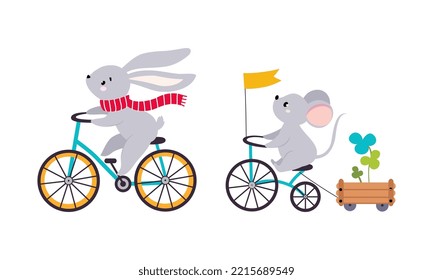 Cute baby animals enjoying ride. Funny bunny and mouse riding bikes cartoon vector illustration