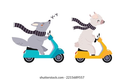 Cute baby animals enjoying ride. Wolf and lamb riding motorbikes cartoon vector illustration