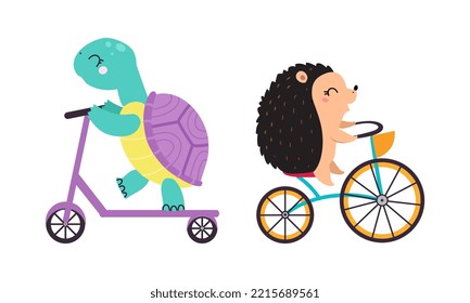 Cute baby animals enjoying ride. Turtle on bike, hedgehog on kick scooter cartoon vector illustration