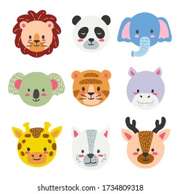 Cute baby animals face colour pattern, lion, panda, elephant, giraffe, tiger, hippo, koala, wolf, deer