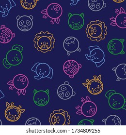 Cute baby animals face outline pattern lion, panda, elephant, giraffe, tiger, hippo, koala, wolf, deer