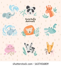 Cute Baby Animals Faces. Kawaii Cartoon Pictures. Doodles Isolated Vector Set for children. Illustrations for Baby Shower, Nursery ideas, Stickers, Emoji. Design Elements for kids. Funny Zoo Story