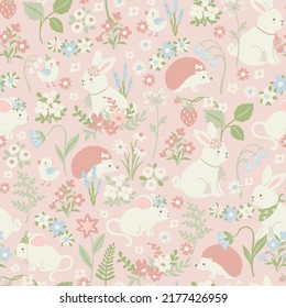 Cute Baby Animals in Florals, Pink Girly Vector Seamless Pattern