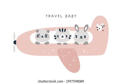 Cute baby animals flying in airplane. Lets go travel kids illustration with cartoon panda bear, bunny, tiger. Adventure baby animal print isolated on white background. Baby shower, anniversary card