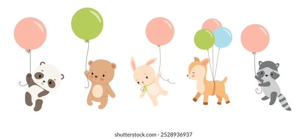 Cute baby animals flying with balloons. Woodland character isolated hand drawn vector illustration