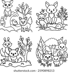 Cute Baby Animals in the Forest Coloring Page. Illustrate an adorable forest scene featuring baby animals like a baby fox, a small deer, a fluffy bunny, and an owl sitting on a branch