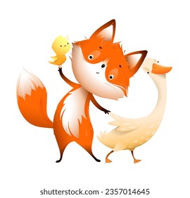 Cute baby animals friends for children. Fox, goose and a chick character design. Adorable pets, hand drawn illustration for kids. Vector animal cartoon in watercolor style.