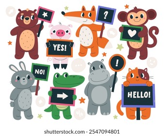 Cute baby animals funny colorful characters holding placards with various messages set. Hello greeting, agree or disagree phrase, question, direction cards in paws of kawaii mascot vector illustration