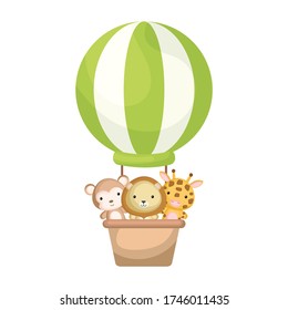 Cute baby animals in the green hot air balloon. Graphic element for childrens book, album, scrapbook, postcard, invitation, mobile game. Flat vector stock illustration isolated on white background.