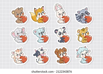 Cute baby animals with hearts printable stickers funny illustrations for kids