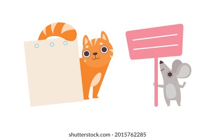 Cute Baby Animals Holding Blank Signs Set, Adorable Cat and Mouse Showing Empty Signboards Cartoon Vector Illustration