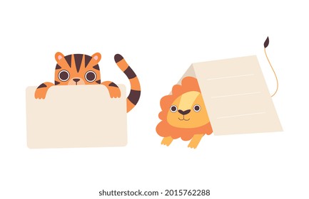 Cute Baby Animals Holding Blank Signs Set, Adorable Tiger and Lion Showing Empty Banners Cartoon Vector Illustration