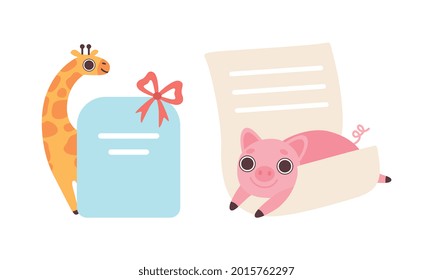 Cute Baby Animals Holding Blank Signs Set, Adorable Giraffe and Pig with Blank Sheets of Paper Cartoon Vector Illustration
