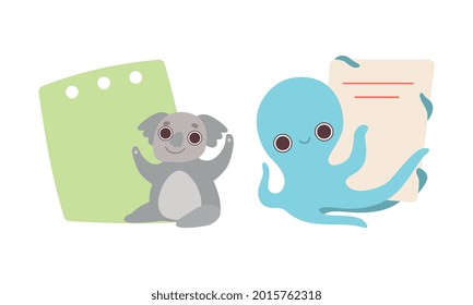 Cute Baby Animals Holding Blank Signs Set, Adorable Koala and Octopus Showing Sheets of Paper Cartoon Vector Illustration
