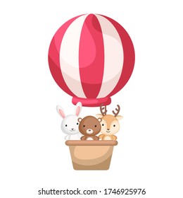 Cute baby animals in the hot air balloon. Graphic element for childrens book, album, scrapbook, postcard, invitation, mobile game. Flat vector stock illustration isolated on white background.