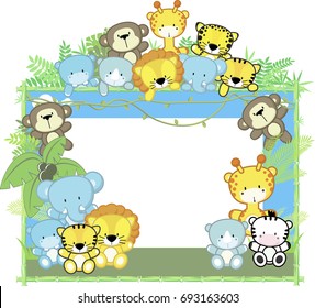 cute baby animals, jungle plants and bamboo frame, children's design