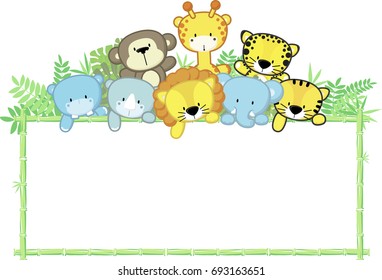 cute baby animals, jungle plants and bamboo frame, children's design