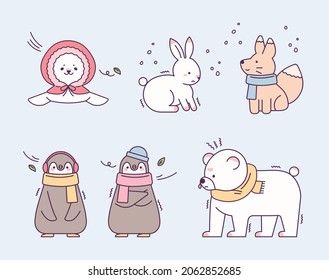 Cute baby animals in knitted scarves and hats are shivering in the cold. flat design style vector illustration.