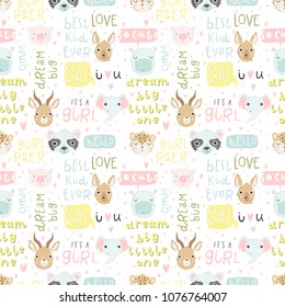 Cute baby animals and lettering seamless pattern, nursery isolated illustration for children clothing. Hand drawn boho image Perfect for phone cases design, nursery posters, postcards