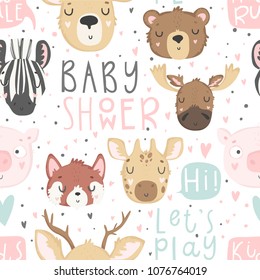 Cute baby animals and lettering seamless pattern, nursery isolated illustration for children clothing. Hand drawn boho image Perfect for phone cases design, nursery posters, postcards