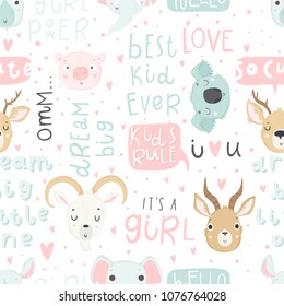 Cute baby animals and lettering seamless pattern, nursery isolated illustration for children clothing. Hand drawn boho image Perfect for phone cases design, nursery posters, postcards