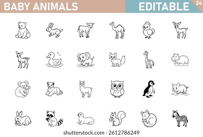 Cute Baby Animals Line Art Collection For Coloring Books And Illustrations