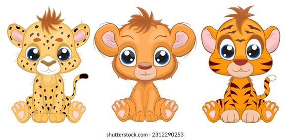 Cute baby animals, lion, tiger, cheetah. Cartoon style character. Happy baby elephant, Perfect illustration for t-shirt wear fashion print design, greeting card, baby shower, party invitation