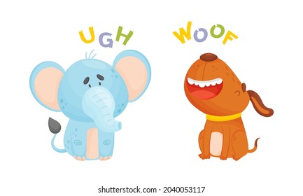 Animales pequeños que hacen sonidos. Elefante y perro diciendo ugh y woof ilustración vectorial