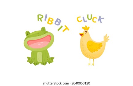 Cute baby animals making sounds set. Frog and hen saying ribbit and cluck vector illustration