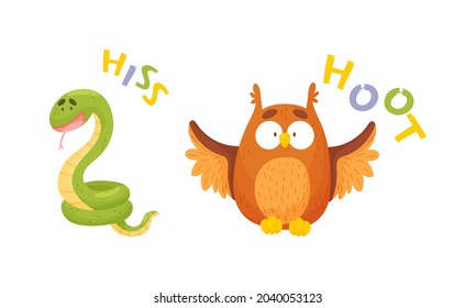 Cute baby animals making sounds set. Snake and owl saying hiss and hoot vector illustration