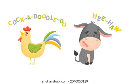 Cute baby animals making sounds set. Rooster and donkey saying vector illustration