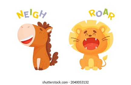 Cute baby animals making sounds set. Horse and lion saying neigh and roar vector illustration