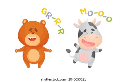 Cute baby animals making sounds set. Bear and cow saying grrr and moo vector illustration