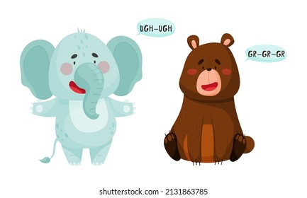 Cute baby animals making sounds set. Elephant and bear saying ugh and gr cartoon vector illustration