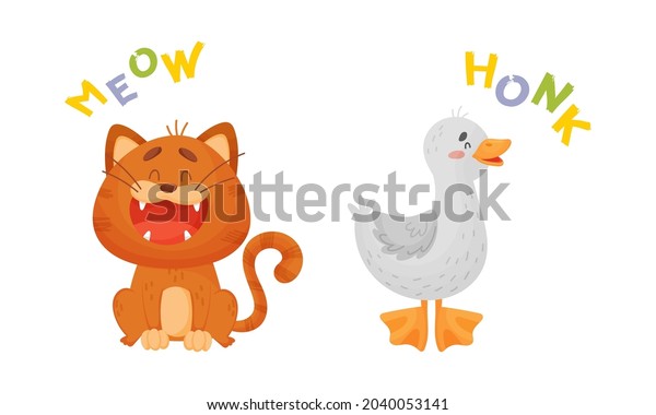 Cute baby animals making sounds set.\
Cat and goose saying meow and honk vector\
illustration
