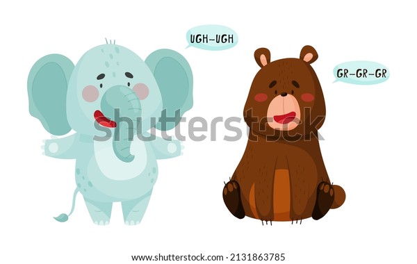 Cute baby animals making\
sounds set. Elephant and bear saying ugh and gr cartoon vector\
illustration