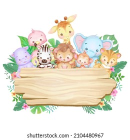 Cute baby animals on a blank wood board. Watercolor and vector illustration.