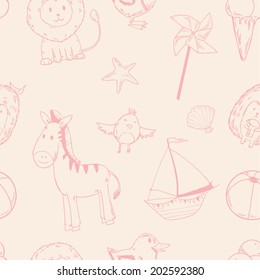 Cute baby animals pattern with summer elements in pink pastel colors