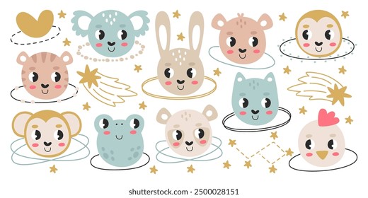 Cute baby animals and pets characters in shape of planets childish galaxy outer space doodle design vector illustration. Funny comic creature mascot decorative cosmic drawing pattern template