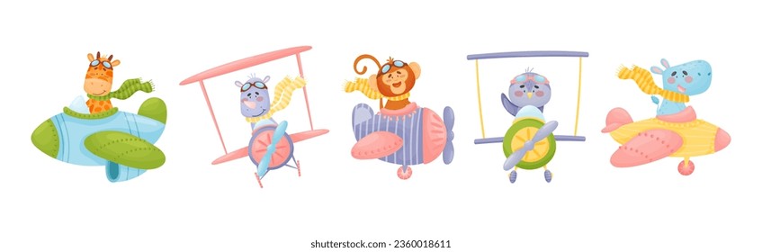 Cute Baby Animals Pilot Flying Plane Vector Set