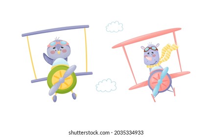 Cute Baby Animals Pilots Set. Funny Bird And Rhino Pilot Characters Flying By Airplane Cartoon Vector Illustration